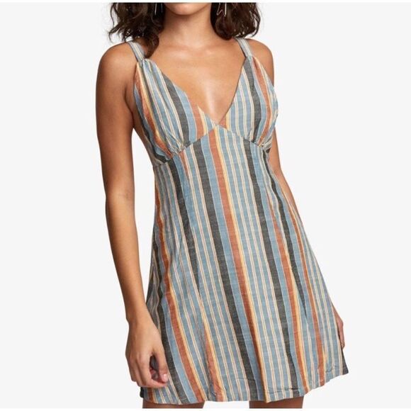 RVCA striped v-neck 90’s Mellow M/10 lightweight mini dress - Picture 1 of 4